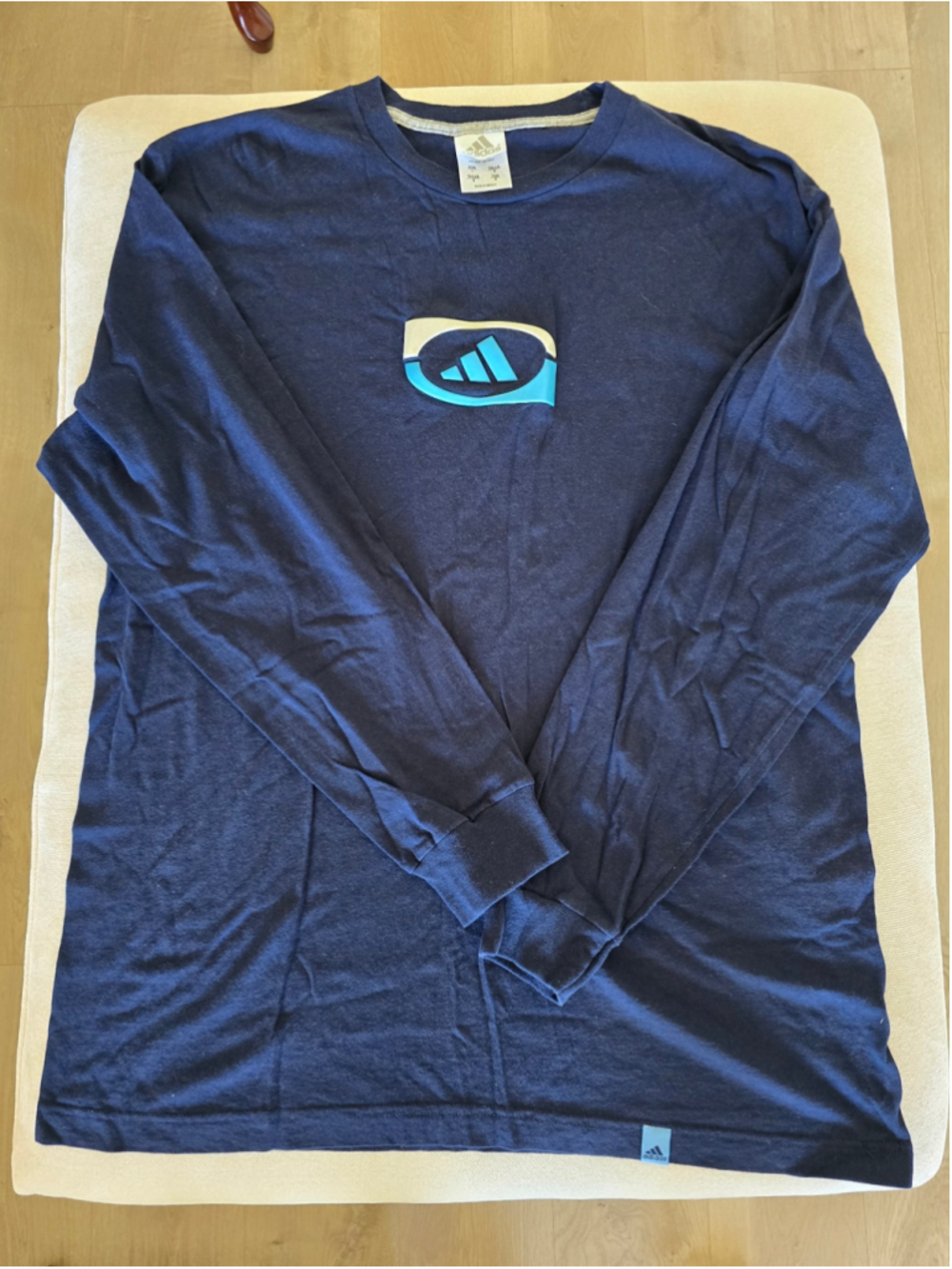 Adidas Navy Blue Long Sleeve Tee with Light Blue Logo, Size L
